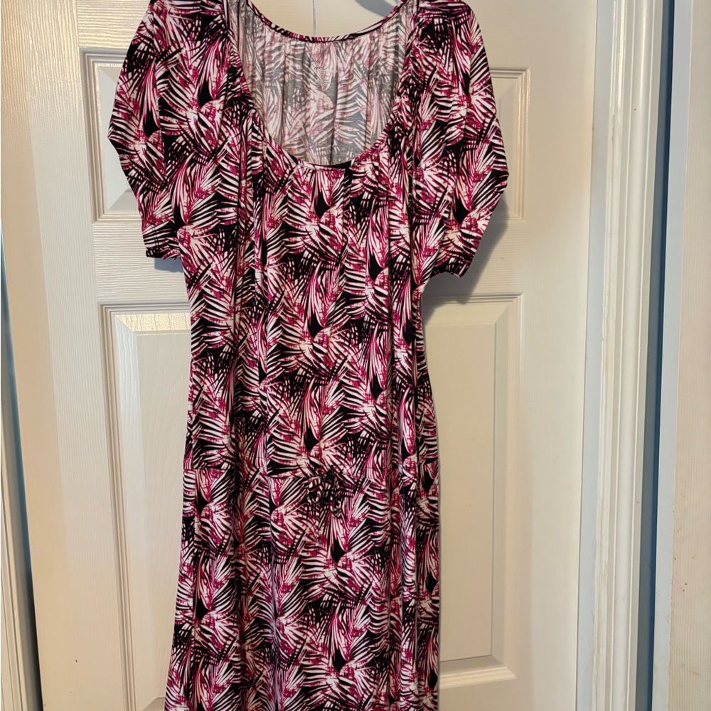 Kim Rogers Pink Black White Palm-Print Scoop Neck Dress